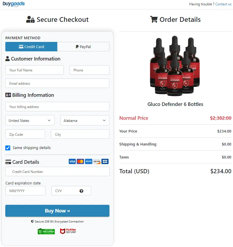 Gluco Defender order page